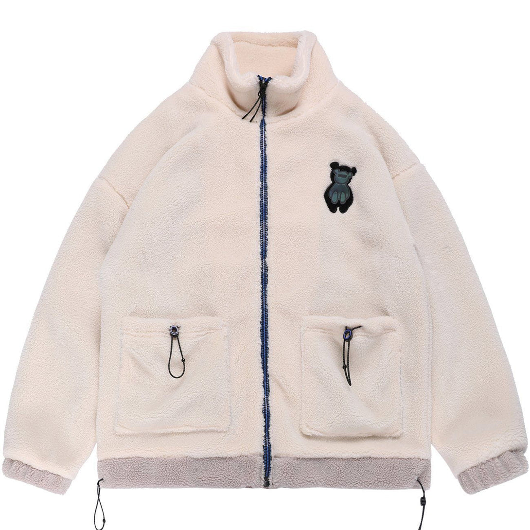 Helmiss - Embroidery Bear Letter Sherpa Winter Coat- Streetwear Fashion - helmiss.com