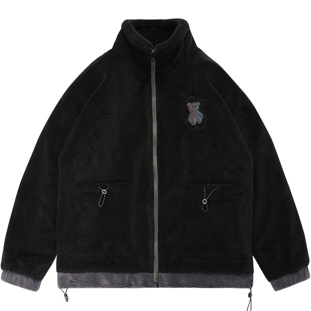 Helmiss - Embroidery Bear Letter Sherpa Winter Coat- Streetwear Fashion - helmiss.com