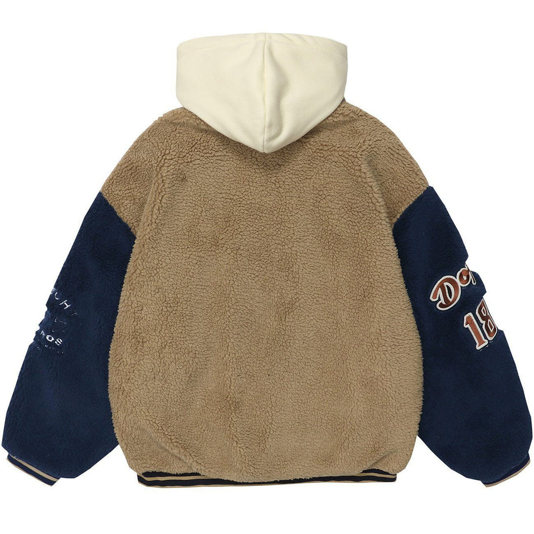 Helmiss - Embroidery Stitching Hood Sherpa Winter Coat- Streetwear Fashion - helmiss.com