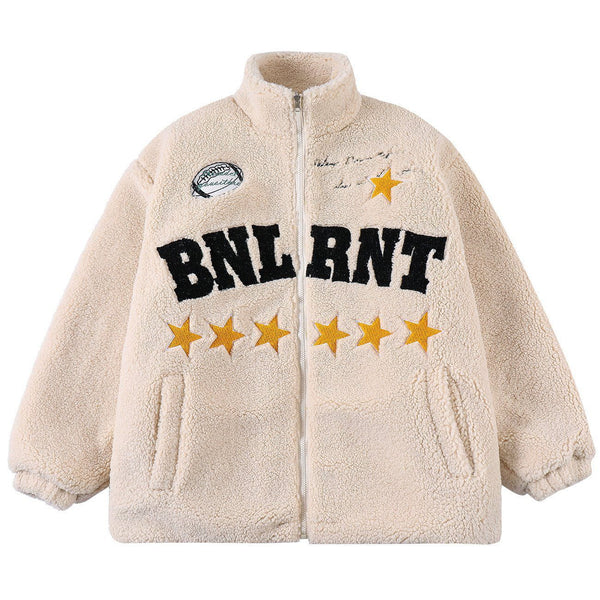 Helmiss - Five-pointed Star Letter Patch Embroidered Sherpa Winter Coat- Streetwear Fashion - helmiss.com