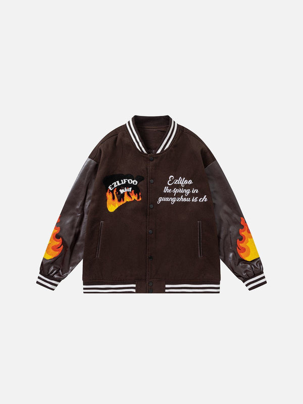 Helmiss - Flame Embroidery Varsity Jacket- Streetwear Fashion - helmiss.com