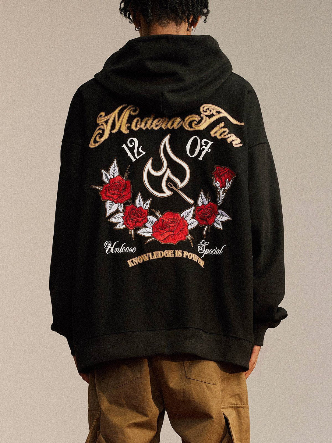 Helmiss - Flames and Roses Embroidered Hoodie- Streetwear Fashion - helmiss.com