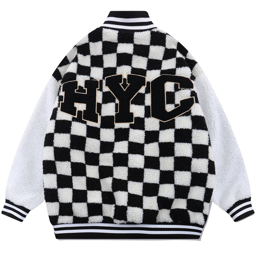 Helmiss - Flocking Letters Checkerboard Sherpa Winter Coat- Streetwear Fashion - helmiss.com