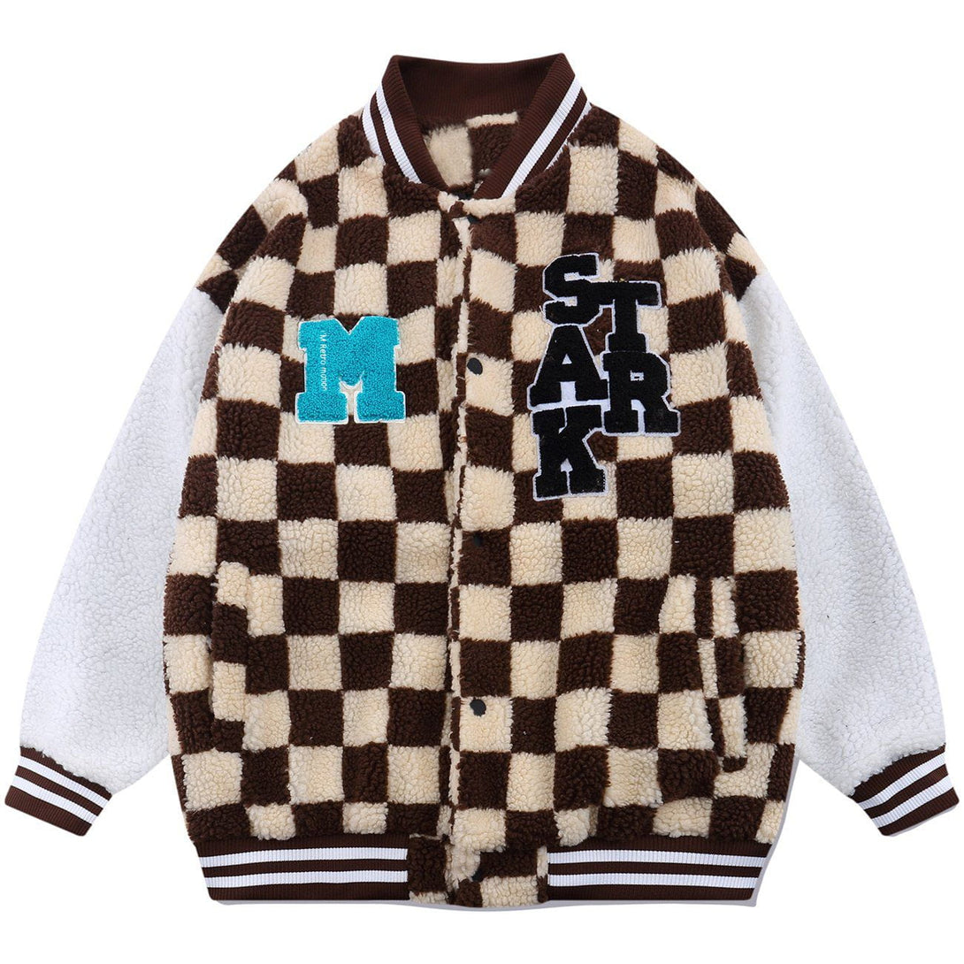 Helmiss - Flocking Letters Checkerboard Sherpa Winter Coat- Streetwear Fashion - helmiss.com