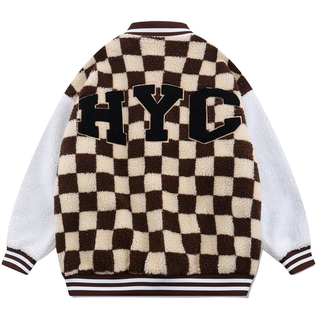 Helmiss - Flocking Letters Checkerboard Sherpa Winter Coat- Streetwear Fashion - helmiss.com