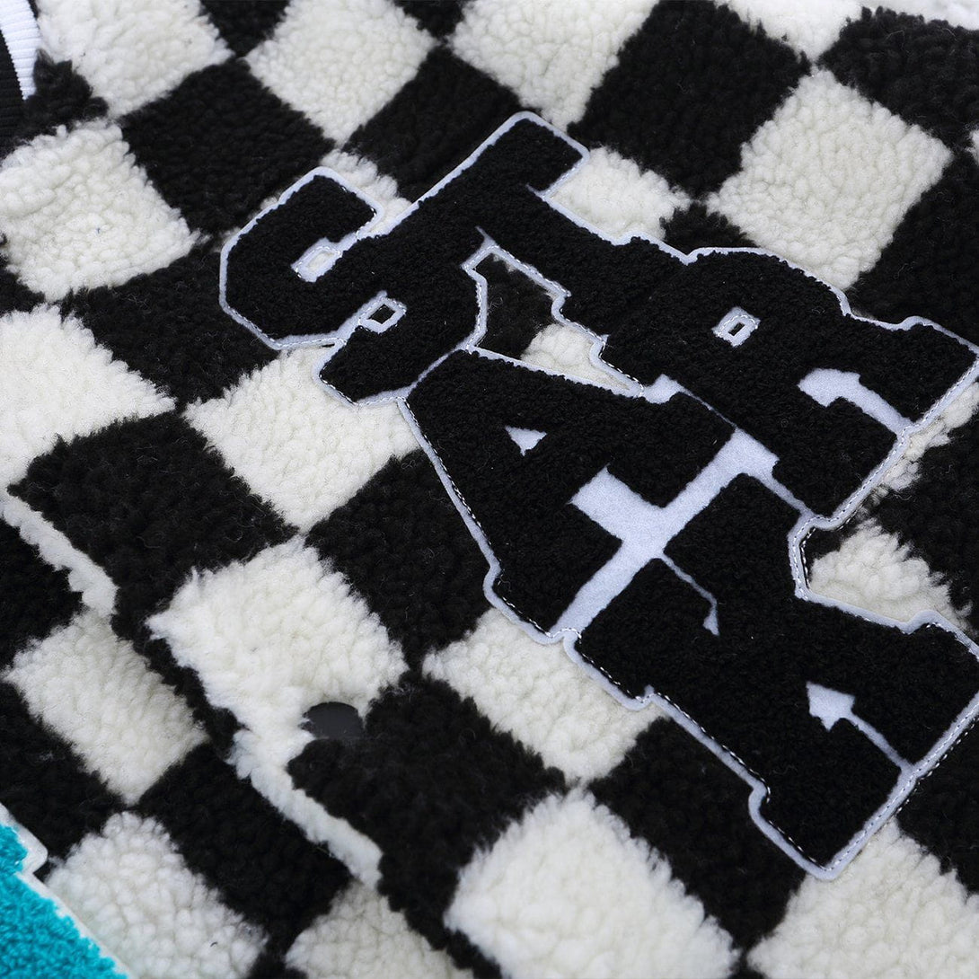 Helmiss - Flocking Letters Checkerboard Sherpa Winter Coat- Streetwear Fashion - helmiss.com