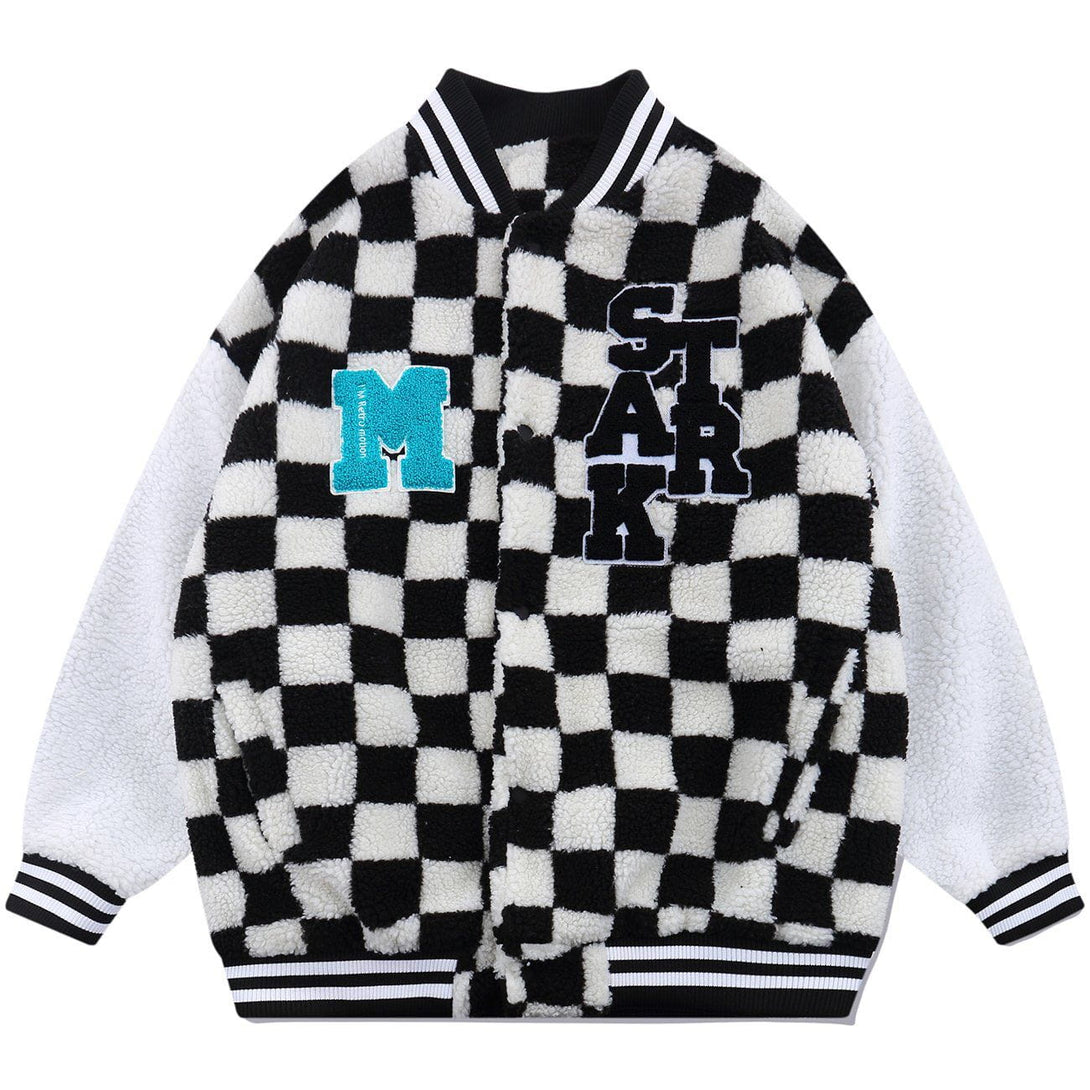 Helmiss - Flocking Letters Checkerboard Sherpa Winter Coat- Streetwear Fashion - helmiss.com