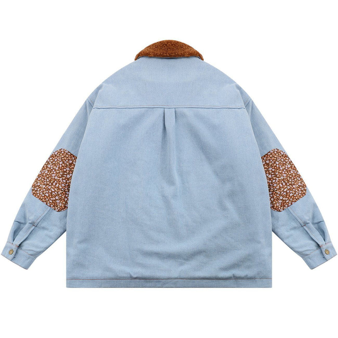 Helmiss - Floral Stitching Polo Collar Denim Winter Coat- Streetwear Fashion - helmiss.com