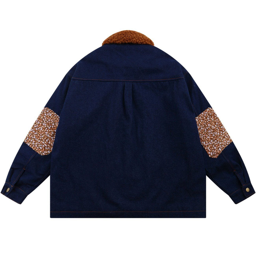 Helmiss - Floral Stitching Polo Collar Denim Winter Coat- Streetwear Fashion - helmiss.com