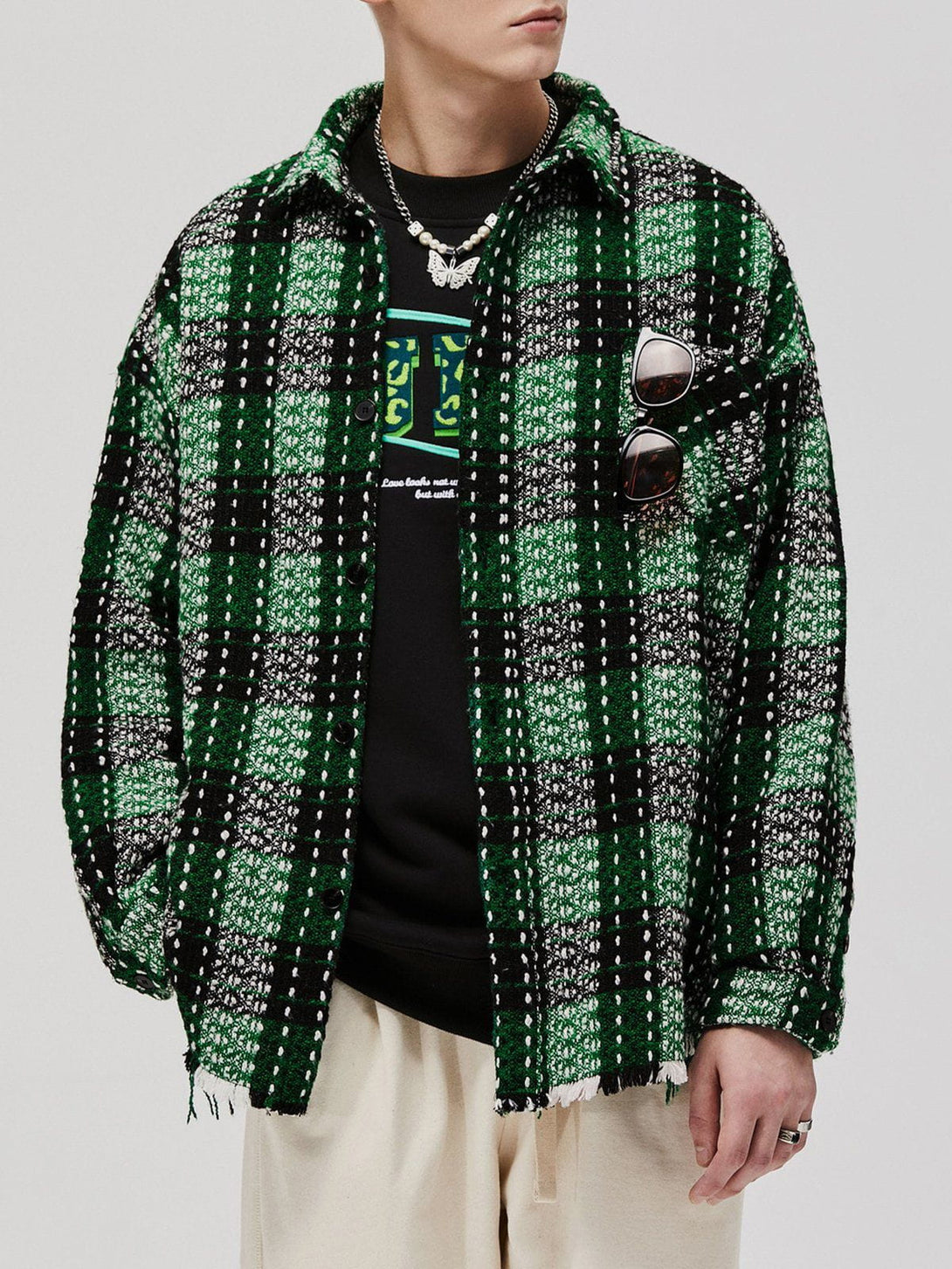 Helmiss - Fringe Plaid Shacket- Streetwear Fashion - helmiss.com