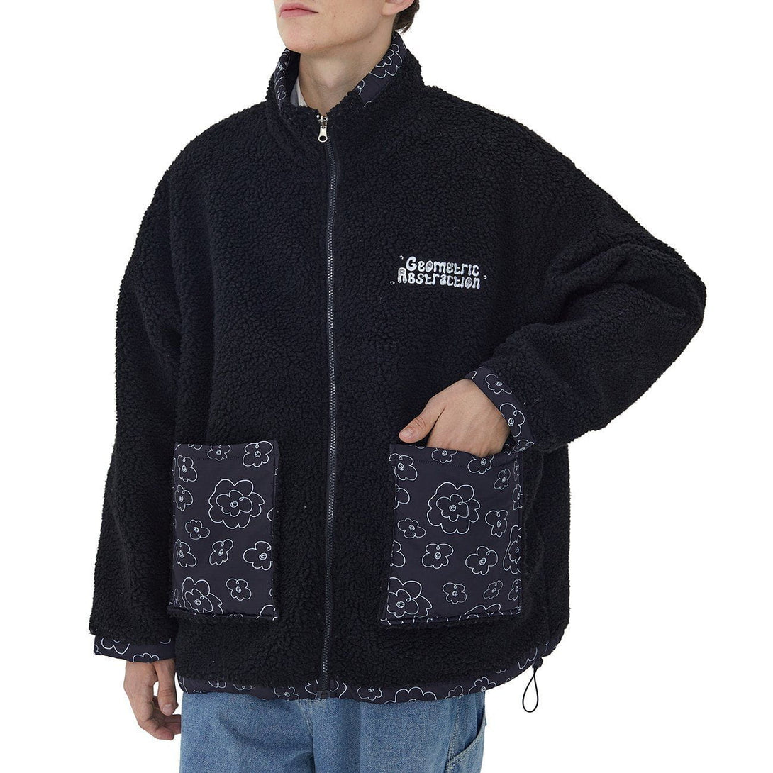 Helmiss - Full Print Small Flowers Reversible Sherpa Winter Coat- Streetwear Fashion - helmiss.com