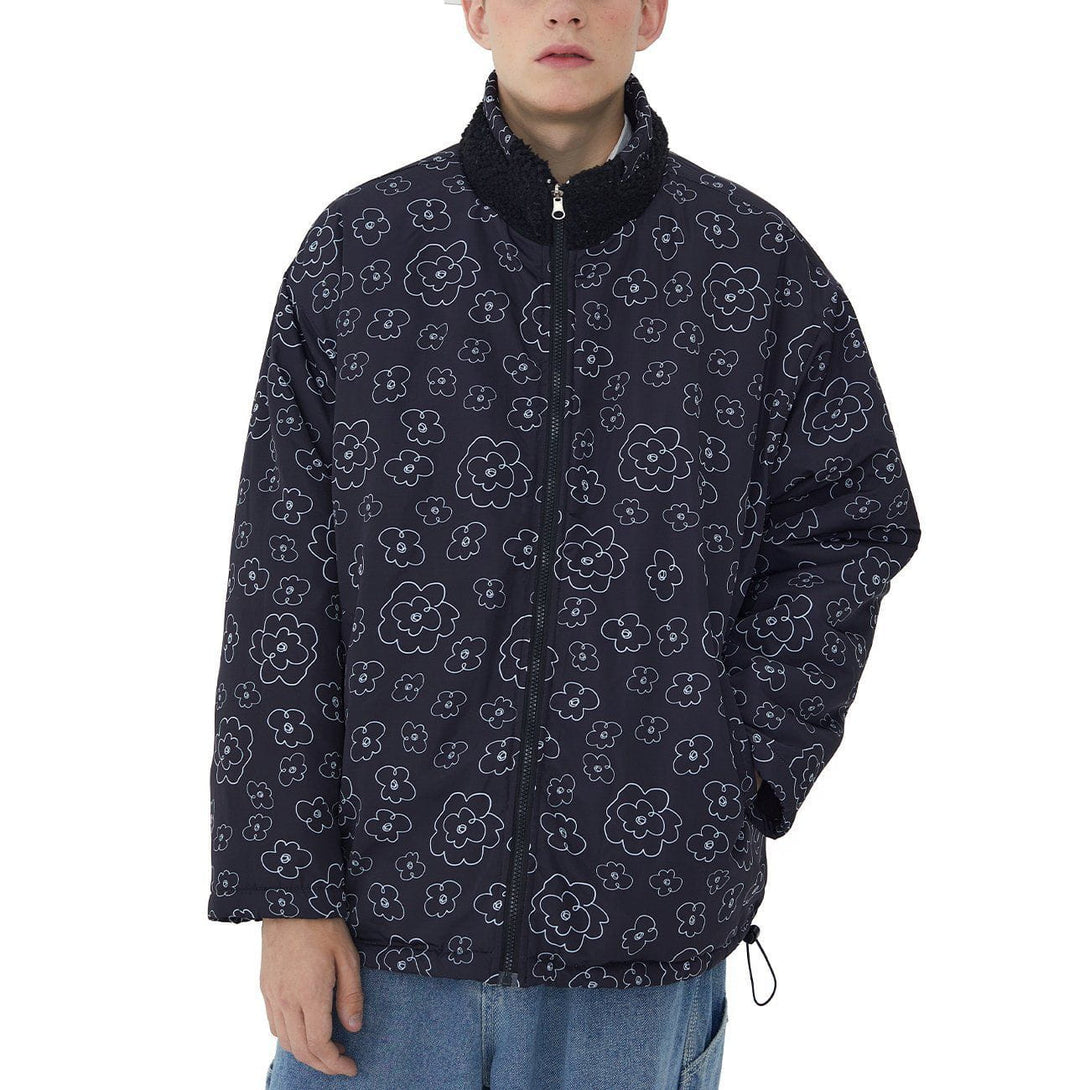 Helmiss - Full Print Small Flowers Reversible Sherpa Winter Coat- Streetwear Fashion - helmiss.com