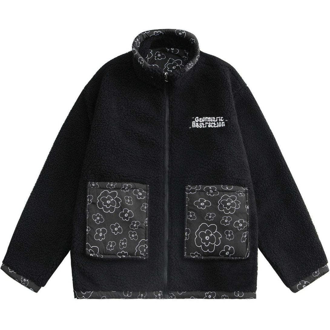 Helmiss - Full Print Small Flowers Reversible Sherpa Winter Coat- Streetwear Fashion - helmiss.com