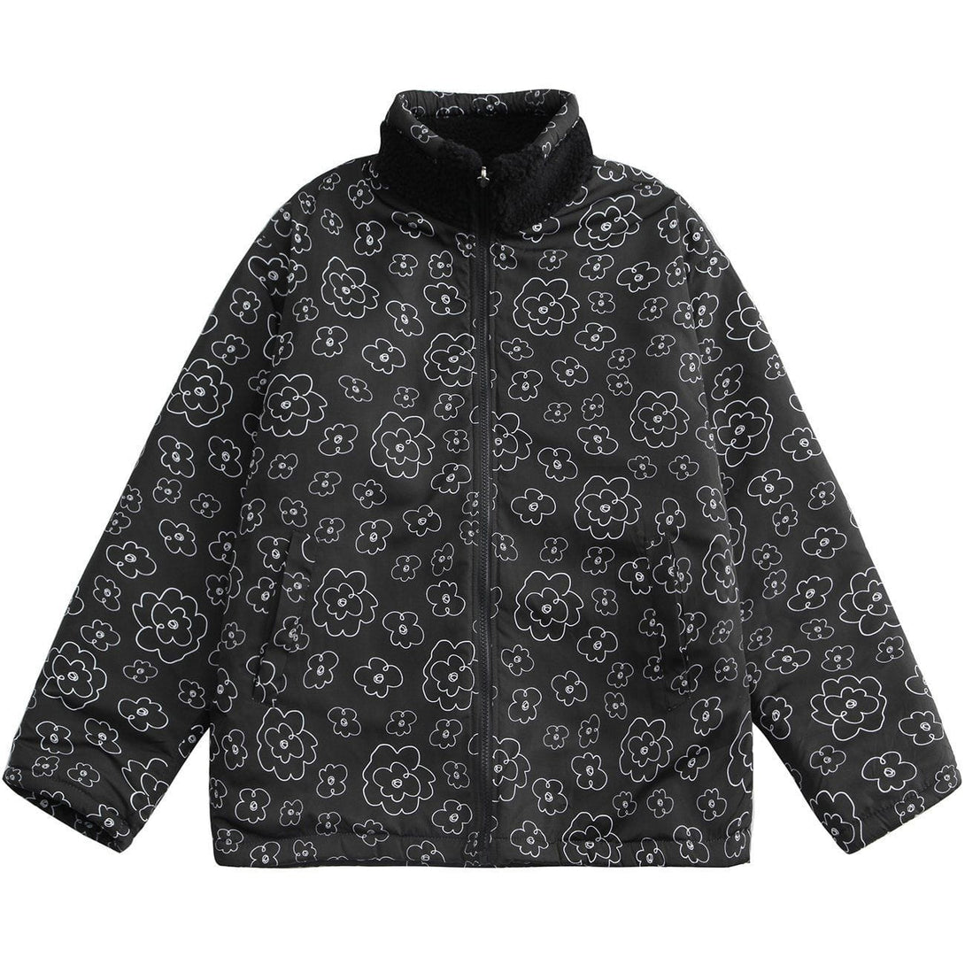 Helmiss - Full Print Small Flowers Reversible Sherpa Winter Coat- Streetwear Fashion - helmiss.com