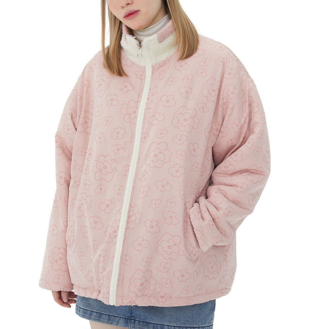 Helmiss - Full Print Small Flowers Reversible Sherpa Winter Coat- Streetwear Fashion - helmiss.com