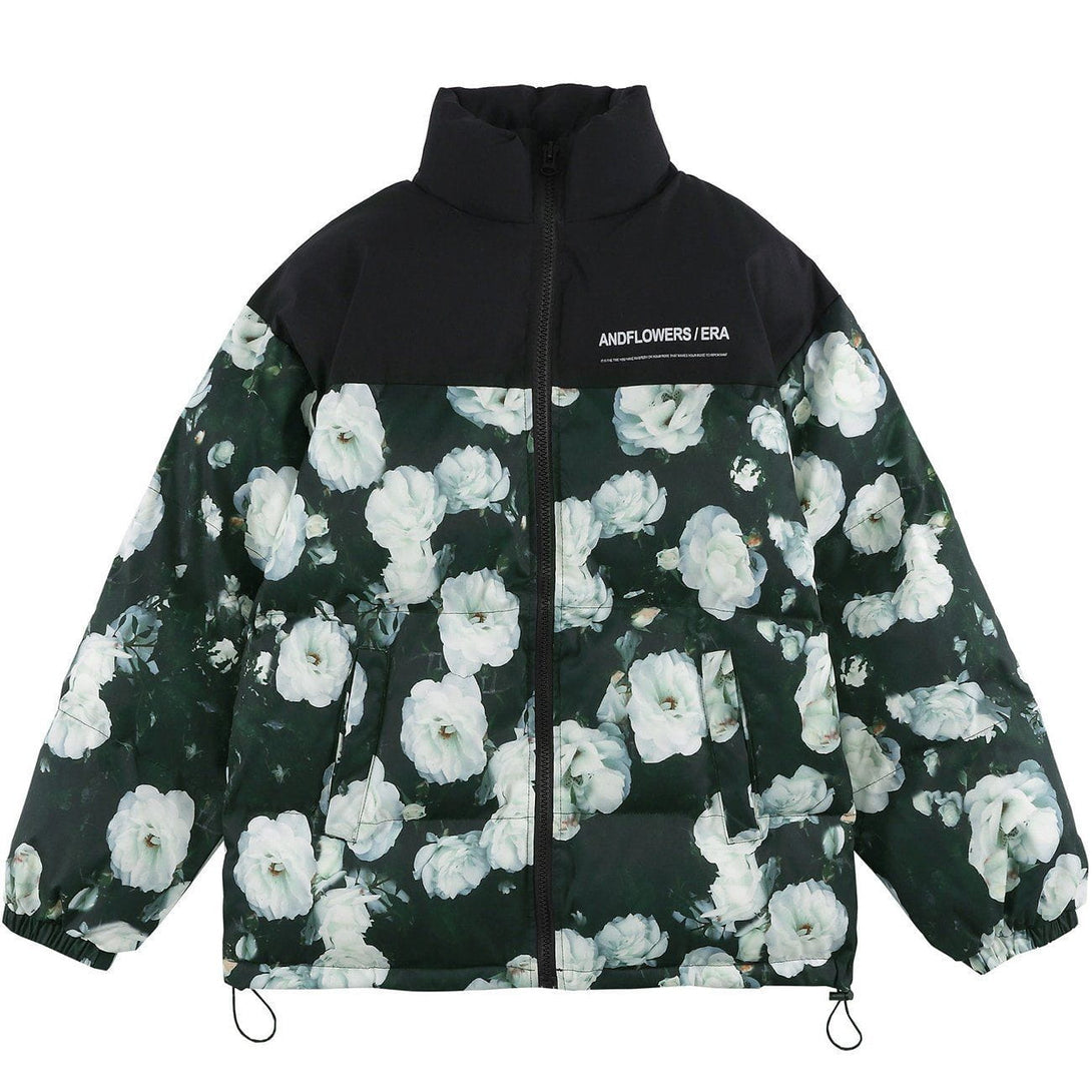 Helmiss - Full White Rose Print Winter Coat- Streetwear Fashion - helmiss.com