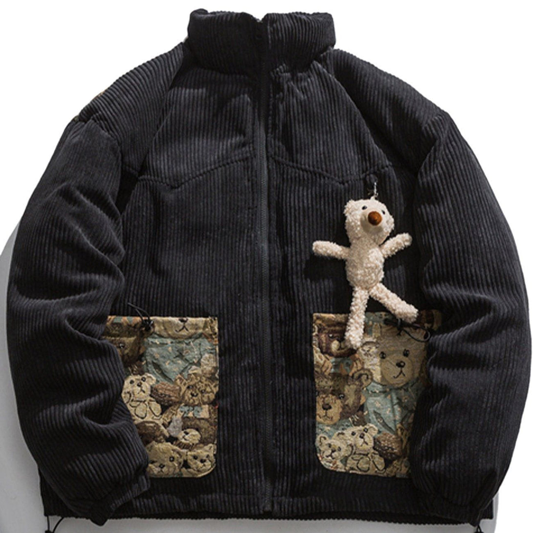 Helmiss - Furry Cute Bear Pocket Patchwork Winter Coat- Streetwear Fashion - helmiss.com