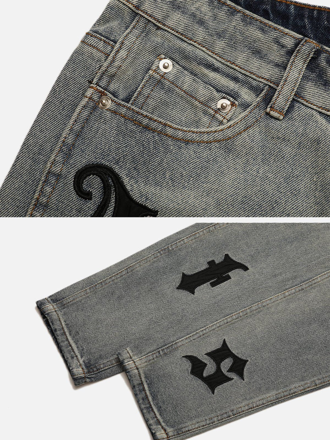 Helmiss - Gothic Alphabet Patch Embroidered Jeans- Streetwear Fashion - helmiss.com