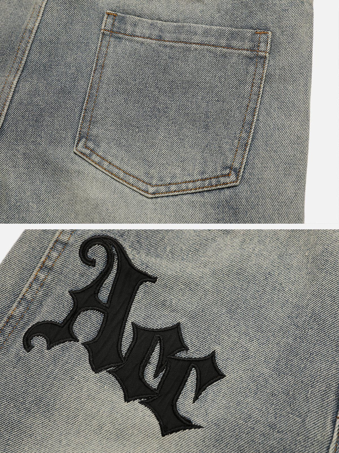 Helmiss - Gothic Alphabet Patch Embroidered Jeans- Streetwear Fashion - helmiss.com