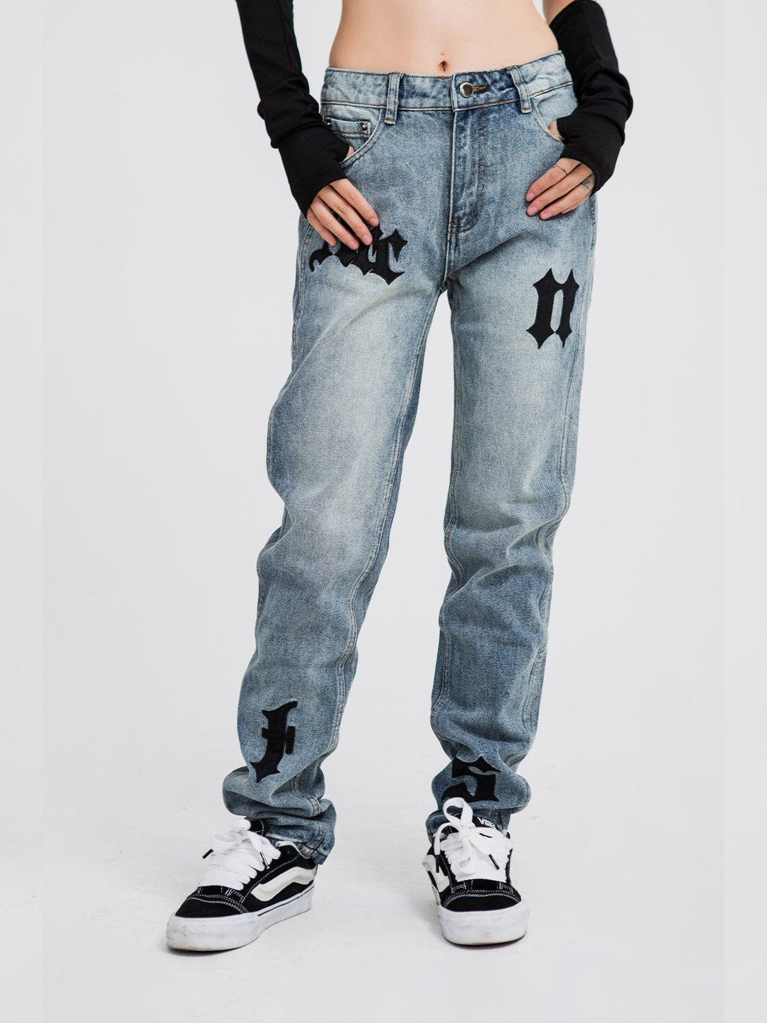 Helmiss - Gothic Alphabet Patch Embroidered Jeans- Streetwear Fashion - helmiss.com