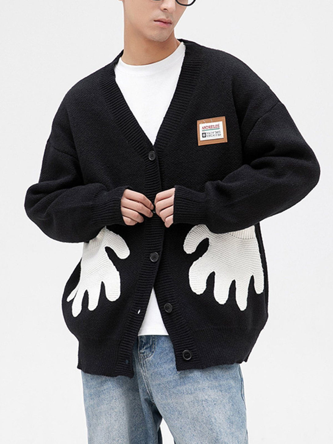 Helmiss - Hand Shape Pocket Patchwork Cardigan- Streetwear Fashion - helmiss.com