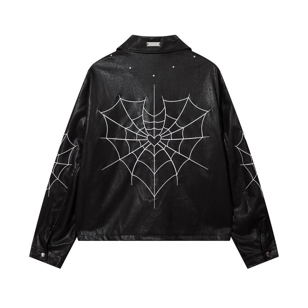 Helmiss - High Street Retro Spider Web Embroidery Leather Jacket- Streetwear Fashion - helmiss.com