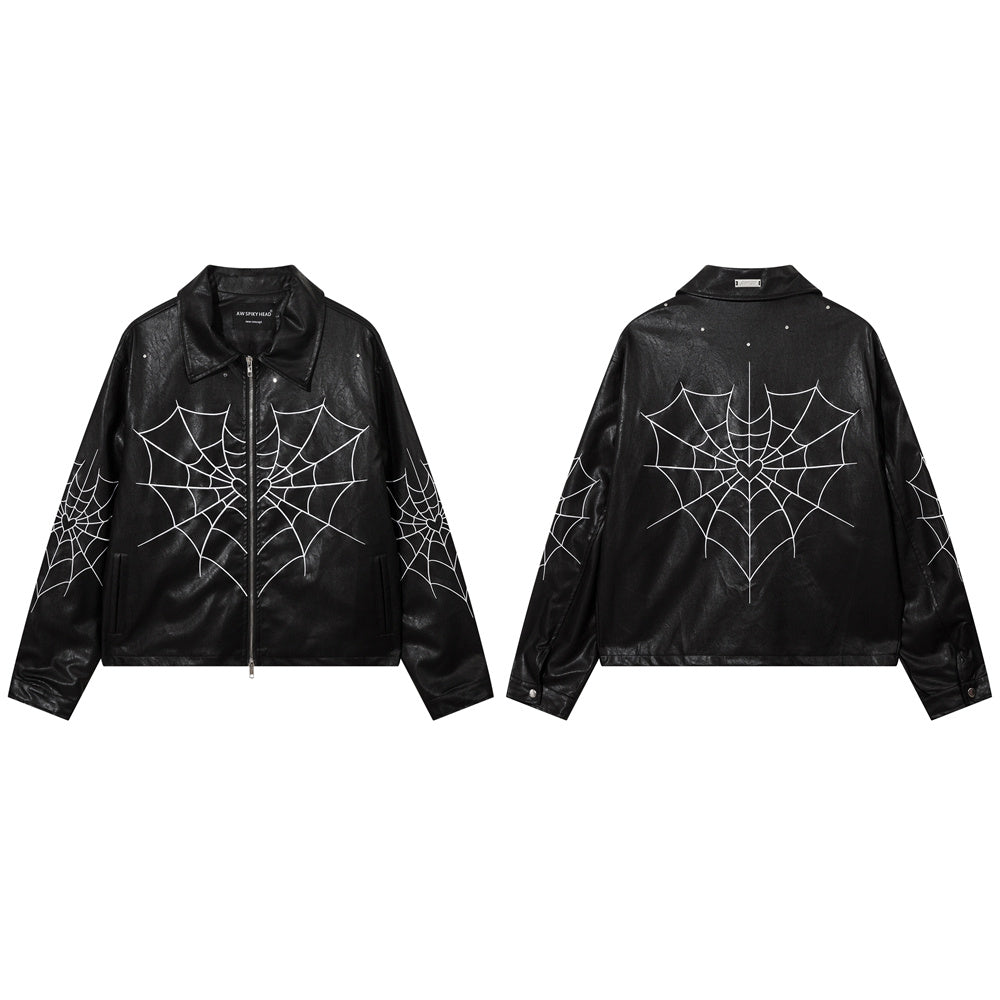 Helmiss - High Street Retro Spider Web Embroidery Leather Jacket- Streetwear Fashion - helmiss.com