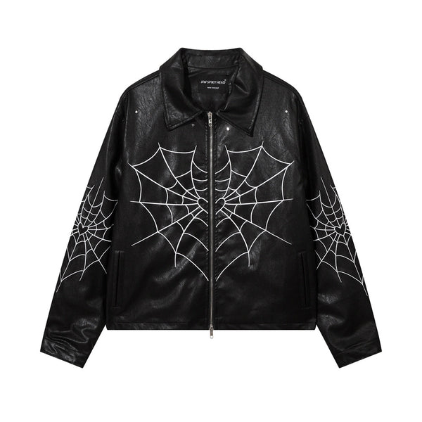 Helmiss - High Street Retro Spider Web Embroidery Leather Jacket- Streetwear Fashion - helmiss.com