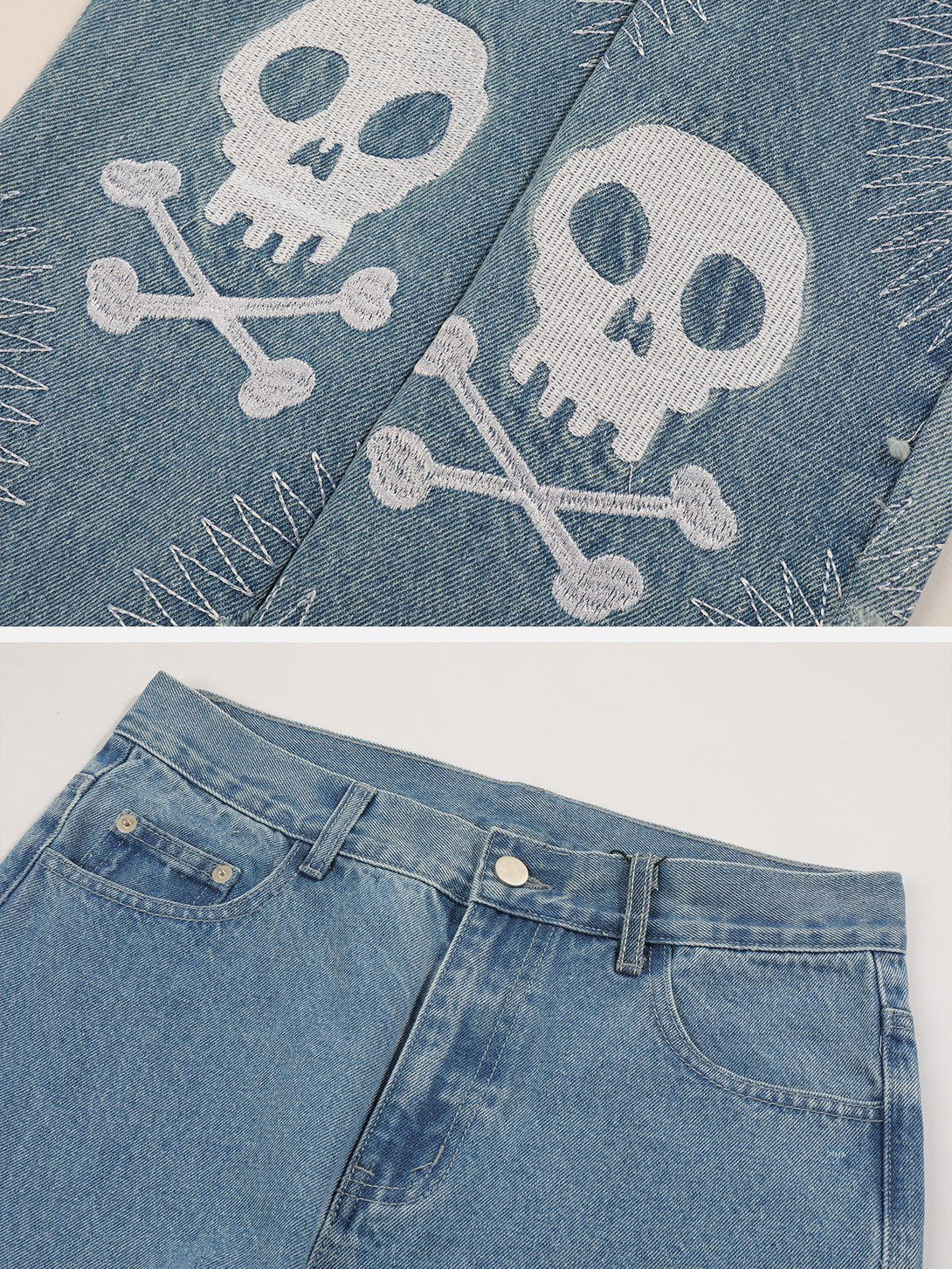 Helmiss - Holes Embroidery Skeleton Jeans- Streetwear Fashion - helmiss.com