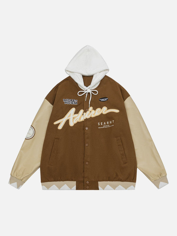 Helmiss - Hooded PU Splicing Varsity Jacket- Streetwear Fashion - helmiss.com