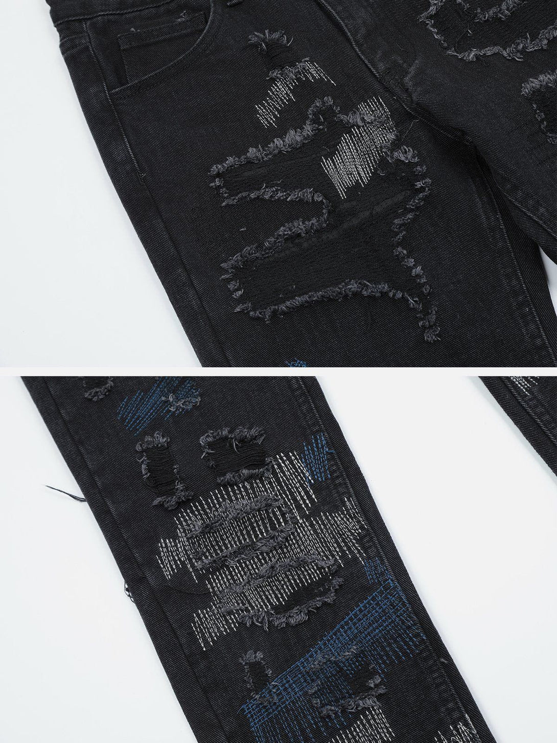 Helmiss - Irregular Ripped Patch Stitch Embroidery Jeans- Streetwear Fashion - helmiss.com