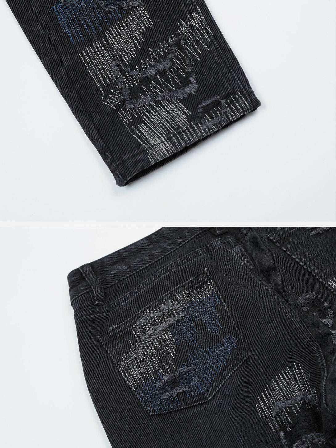 Helmiss - Irregular Ripped Patch Stitch Embroidery Jeans- Streetwear Fashion - helmiss.com