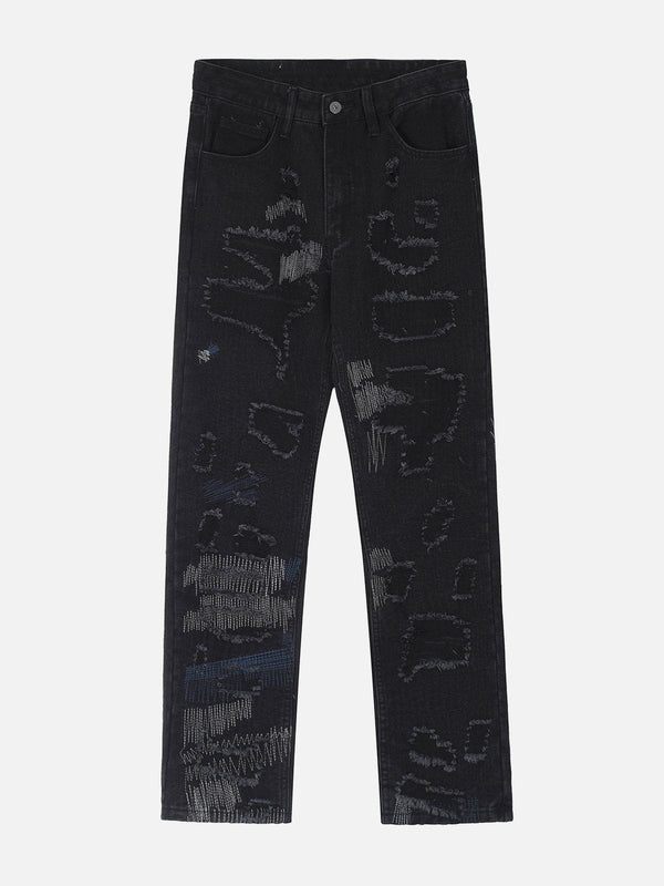 Helmiss - Irregular Ripped Patch Stitch Embroidery Jeans- Streetwear Fashion - helmiss.com