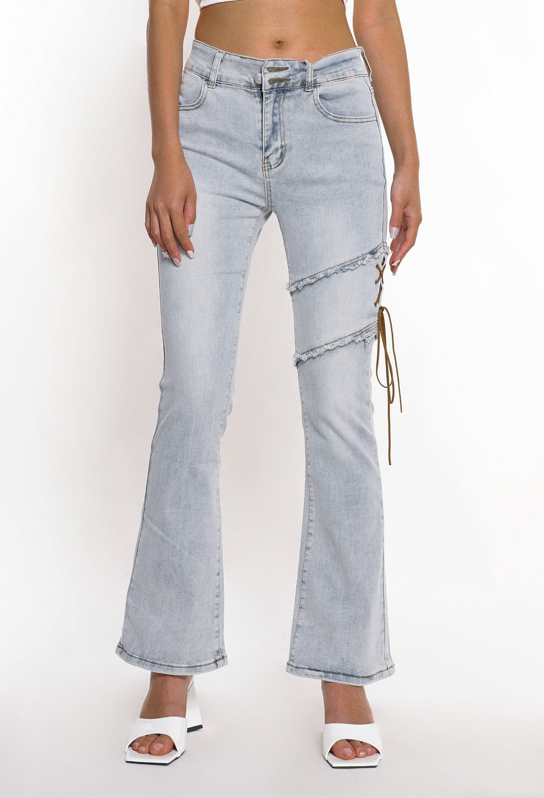 Helmiss - Irregular Strap Flared Jeans- Streetwear Fashion - helmiss.com