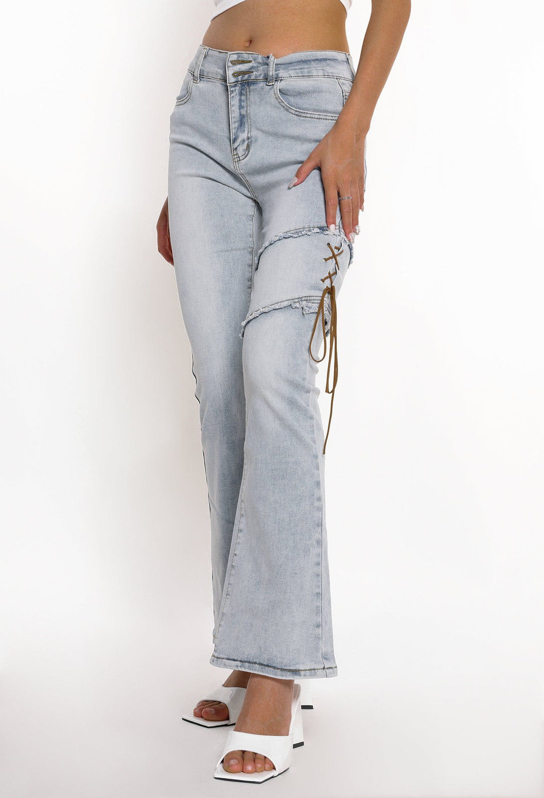 Helmiss - Irregular Strap Flared Jeans- Streetwear Fashion - helmiss.com