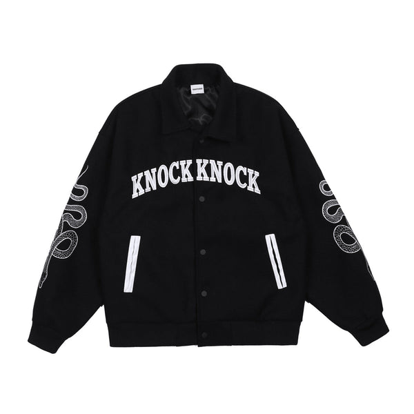 Helmiss - Knock Knock Varsity Jacket- Streetwear Fashion - helmiss.com