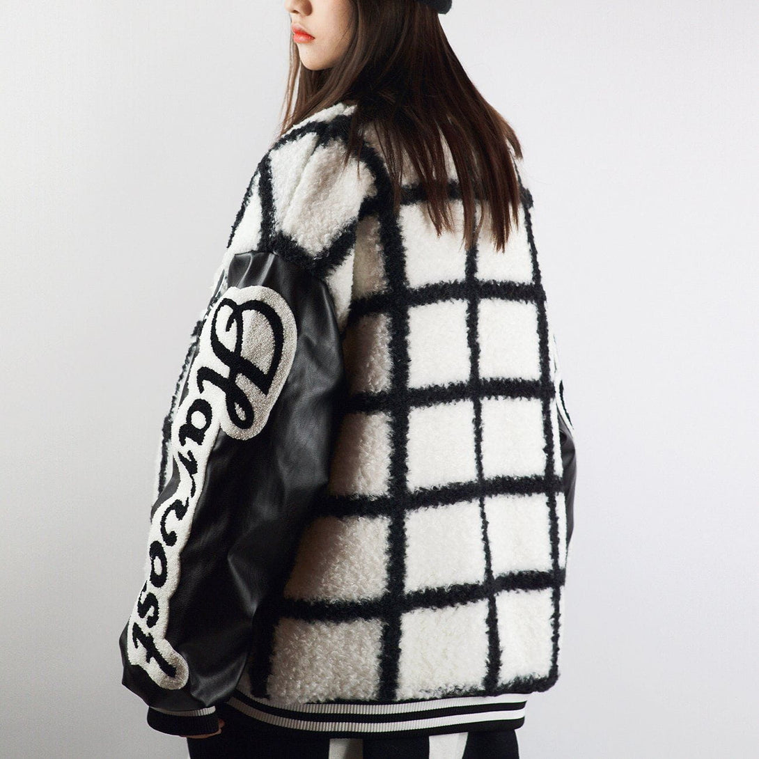 Helmiss - Large Check Embroidery Winter Coat- Streetwear Fashion - helmiss.com