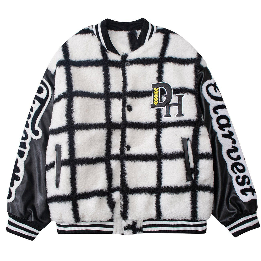 Helmiss - Large Check Embroidery Winter Coat- Streetwear Fashion - helmiss.com