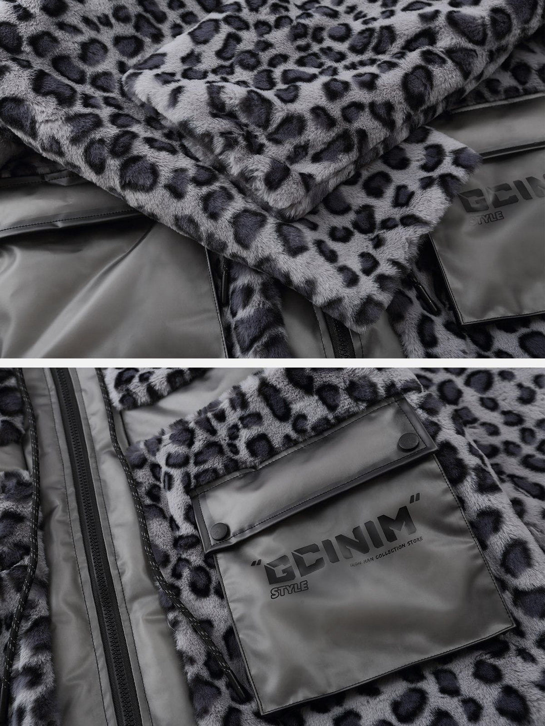 Helmiss - Leopard Plush Stitching Transparent PU Winter Coat- Streetwear Fashion - helmiss.com