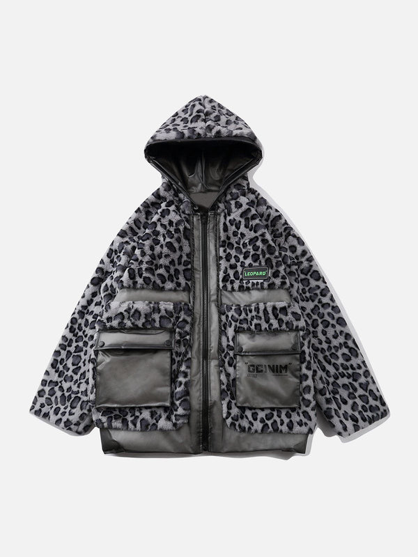 Helmiss - Leopard Plush Stitching Transparent PU Winter Coat- Streetwear Fashion - helmiss.com