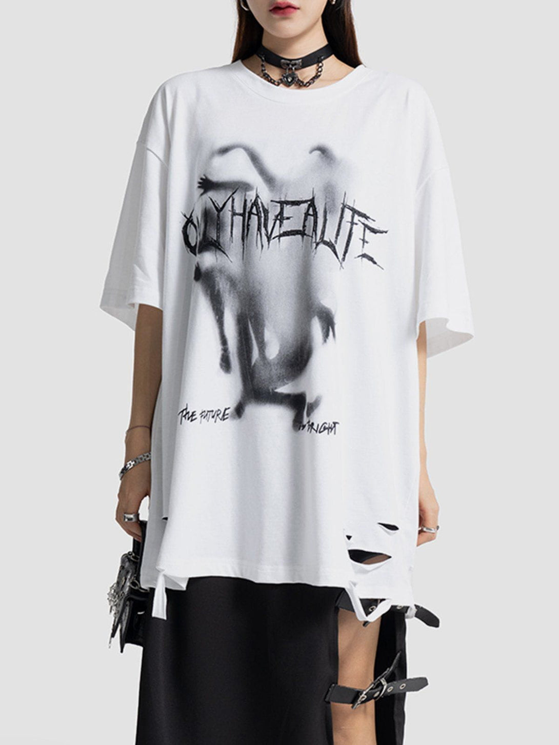 Helmiss - Letter Abstract Print Hole Tee- Streetwear Fashion - helmiss.com