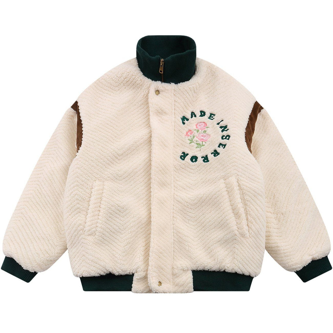 Helmiss - Letter Flower Embroidery Sherpa Winter Coat- Streetwear Fashion - helmiss.com