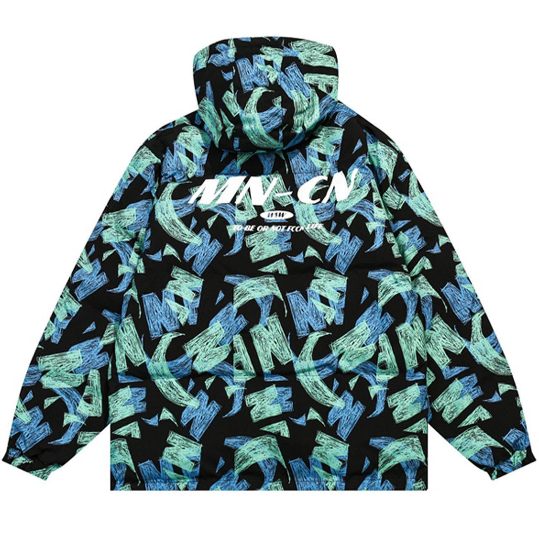 Helmiss - Letter Graffiti Full Print Hood Winter Coat- Streetwear Fashion - helmiss.com