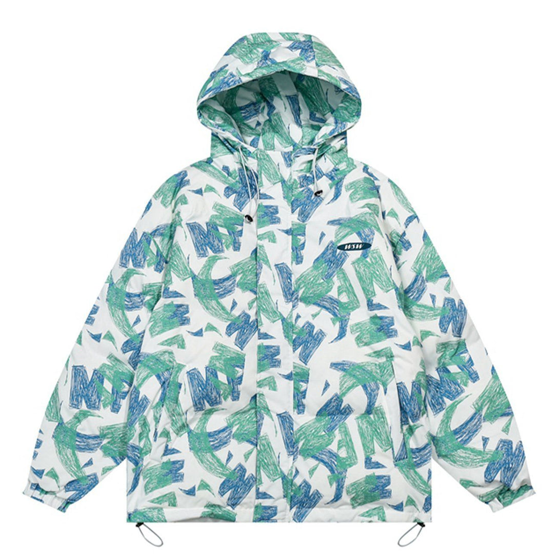 Helmiss - Letter Graffiti Full Print Hood Winter Coat- Streetwear Fashion - helmiss.com