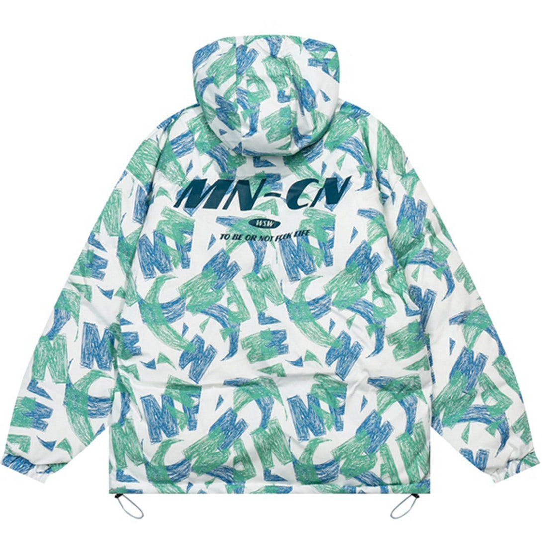 Helmiss - Letter Graffiti Full Print Hood Winter Coat- Streetwear Fashion - helmiss.com