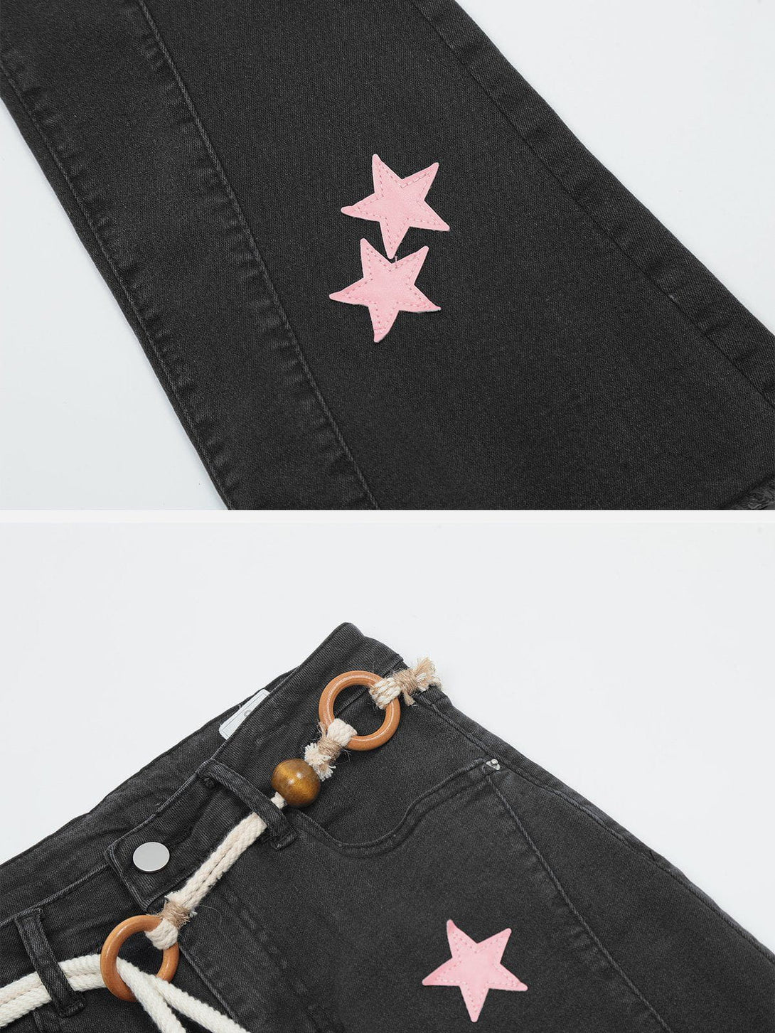 Helmiss - Long Belt Embroidery Star Jeans- Streetwear Fashion - helmiss.com