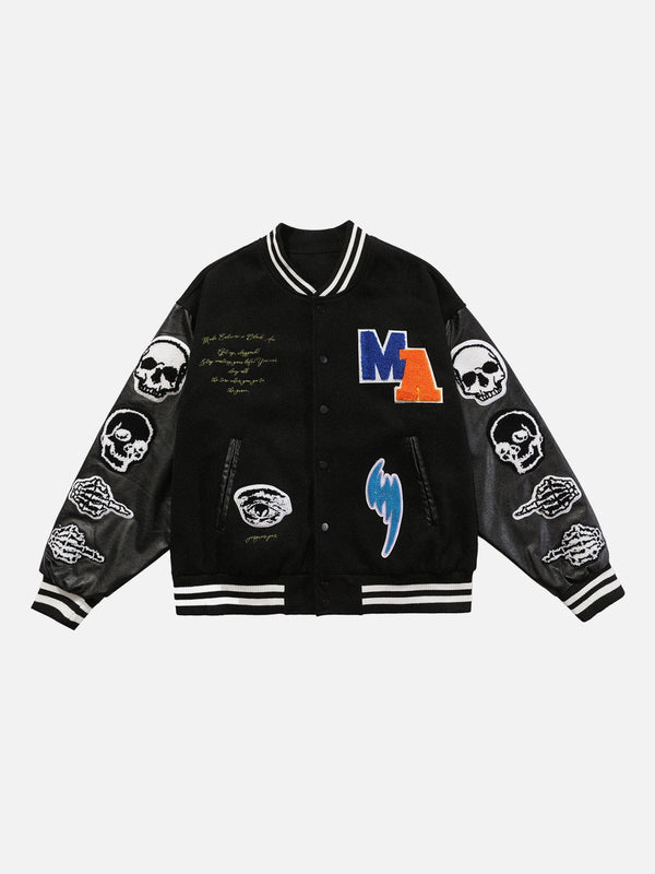 Helmiss - "MA" Embroidery Skeleton Varsity Jacket- Streetwear Fashion - helmiss.com