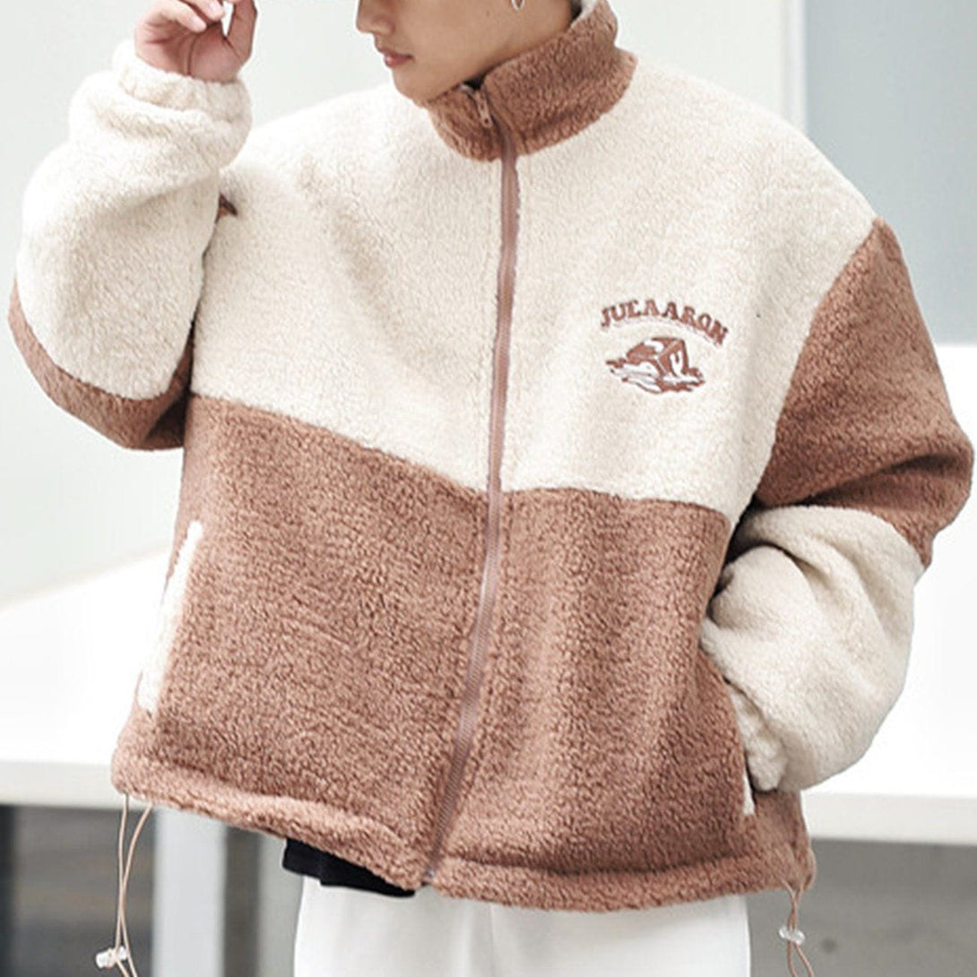 Helmiss - Monogram Embroidery Contrast Color Sherpa Winter Coat- Streetwear Fashion - helmiss.com