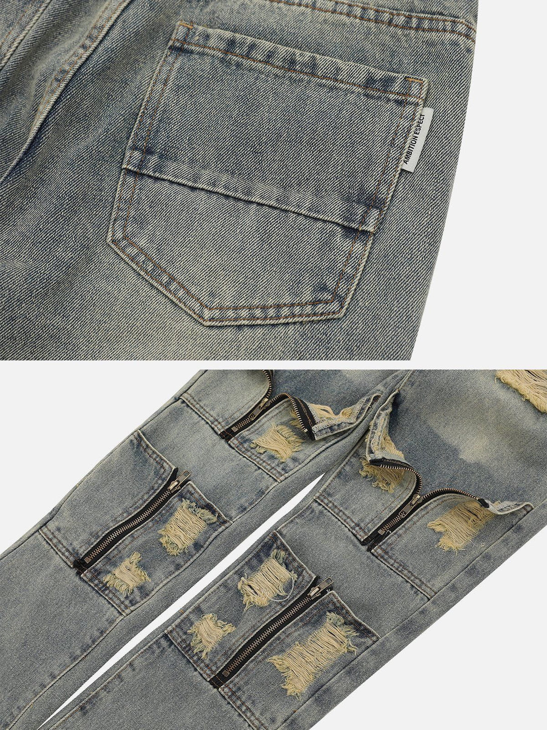 Helmiss - Multi Hole Zip Up Jeans- Streetwear Fashion - helmiss.com