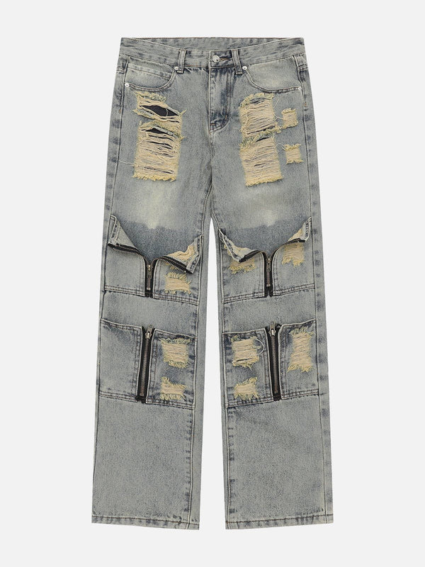 Helmiss - Multi Hole Zip Up Jeans- Streetwear Fashion - helmiss.com